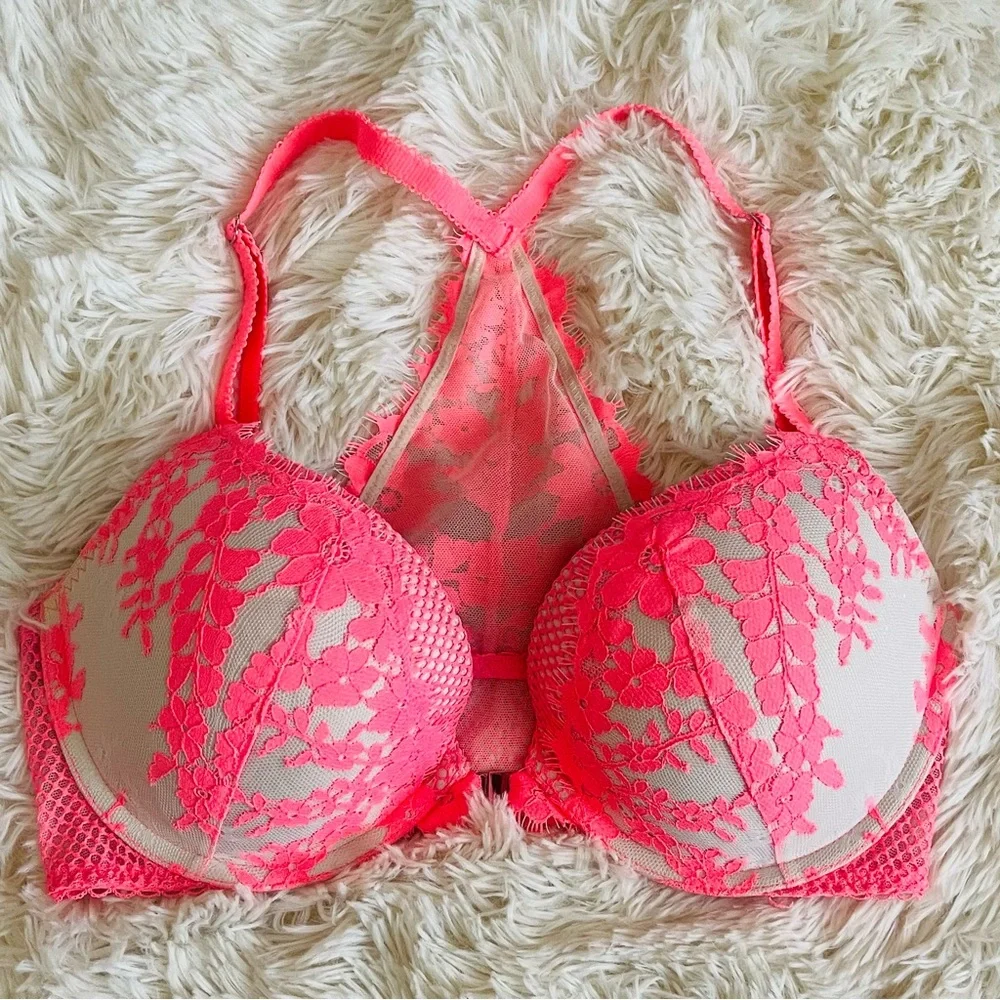 VICTORIAS SECRET Dream Angels Push Up Racerback Fishnet Bra Coral Pink Size 34D
